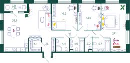 Планировка 4-комнатной квартиры, 134,8 м2