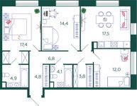Планировка 3-комнатной квартиры, 85,7 м2