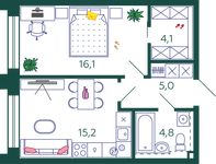 Планировка 1-комнатной квартиры, 45,2 м2
