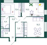 Планировка 2-комнатной квартиры, 68,9 м2