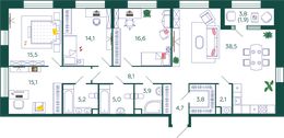 Планировка 4-комнатной квартиры, 134,5 м2