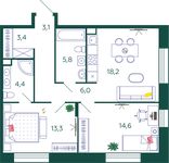 Планировка 2-комнатной квартиры, 68,8 м2