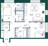 Планировка 2-комнатной квартиры, 68,4 м2