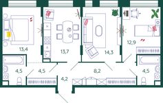Планировка 3-комнатной квартиры, 80,2 м2