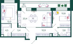 Планировка 2-комнатной квартиры, 70,5 м2