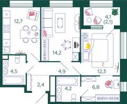Планировка 2-комнатной квартиры, 64,1 м2