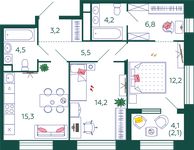 Планировка 2-комнатной квартиры, 68 м2