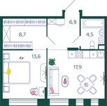 Планировка 1-комнатной квартиры, 51,6 м2