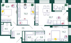 Планировка 3-комнатной квартиры, 89,6 м2