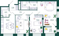 Планировка 3-комнатной квартиры, 90 м2