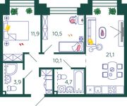 Планировка 2-комнатной квартиры, 62,2 м2