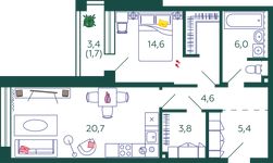 Планировка 1-комнатной квартиры, 57,1 м2