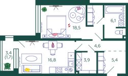 Планировка 1-комнатной квартиры, 57,2 м2