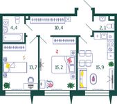 Планировка 2-комнатной квартиры, 61,7 м2