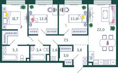Планировка 3-комнатной квартиры, 83,9 м2
