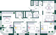 Планировка 4-комнатной квартиры, 121,1 м2