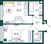 Планировка 1-комнатной квартиры, 43,7 м2