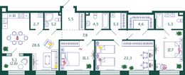 Планировка 3-комнатной квартиры, 121,2 м2