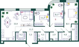 Планировка 3-комнатной квартиры, 114,9 м2