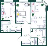 Планировка 2-комнатной квартиры, 75 м2