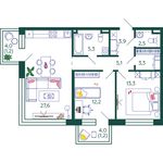 Планировка 2-комнатной квартиры, 75,6 м2