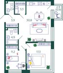 Планировка 2-комнатной квартиры, 74,7 м2