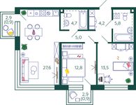 Планировка 2-комнатной квартиры, 75,4 м2