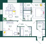 Планировка 2-комнатной квартиры, 68,4 м2