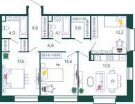 Планировка 3-комнатной квартиры, 86,7 м2