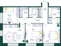 Планировка 3-комнатной квартиры, 86,7 м2