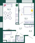 Планировка 1-комнатной квартиры, 45,1 м2