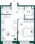 Планировка 1-комнатной квартиры, 42,5 м2