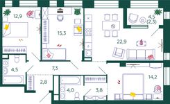 Планировка 3-комнатной квартиры, 90 м2