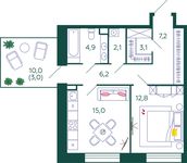 Планировка 1-комнатной квартиры, 54,3 м2