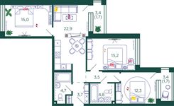 Планировка 3-комнатной квартиры, 85,5 м2