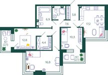 Планировка 3-комнатной квартиры, 87,7 м2