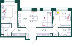 Планировка 2-комнатной квартиры, 67,8 м2