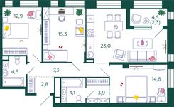 Планировка 3-комнатной квартиры, 90,7 м2