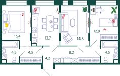 Планировка 3-комнатной квартиры, 80,2 м2