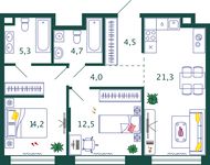 Планировка 2-комнатной квартиры, 66,5 м2