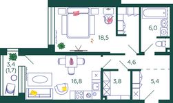 Планировка 1-комнатной квартиры, 57,2 м2