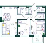 Планировка 2-комнатной квартиры, 74,4 м2