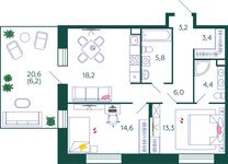 Планировка 2-комнатной квартиры, 75,1 м2