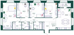 Планировка 4-комнатной квартиры, 151,6 м2