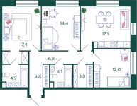 Планировка 3-комнатной квартиры, 85,7 м2