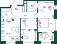 Планировка 2-комнатной квартиры, 68 м2