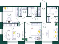 Планировка 3-комнатной квартиры, 86,7 м2