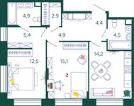 Планировка 2-комнатной квартиры, 68,8 м2