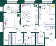 Планировка 2-комнатной квартиры, 66,8 м2