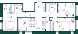 Планировка 3-комнатной квартиры, 87,7 м2